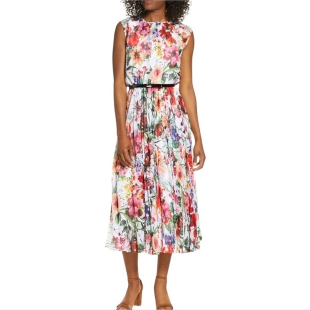 Donna Ricco New York‎ Floral Pleated Midi Dress Belted Sleeveless Women 24W New